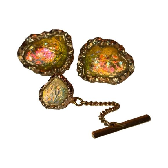 MCM Swank Glass Yellow Lava Cufflinks & Tie Tack Vintage Set - Picture 3 of 8